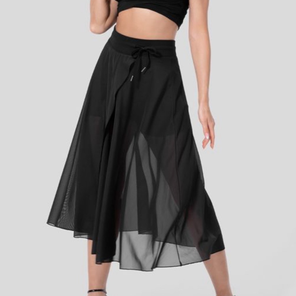 Halara High Waisted Drawstring Contrast Mesh 2-in-1 Side Pocket Midi Flare Skirt